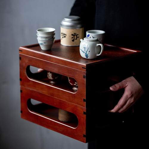 竹茶多层制收纳盒中式储物茶具多宝阁茶收纳盒盒桌面茶饼棚架收纳
