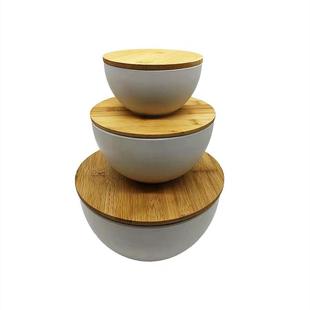 用圆竹EW S4003纤维沙拉碗带竹盖可当菜板两形3件套密胺碗餐环具