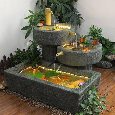 装花造园庭院饰流水喷泉鱼池景户摆外创意景观客厅DME落地石磨招