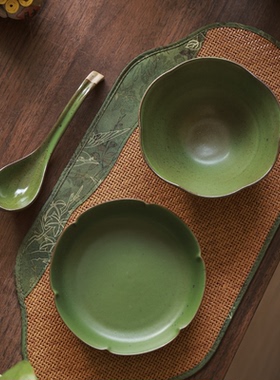 景德镇高温粗陶花口米饭碗绿色勺子一人食家用餐具骨碟日式糕点碟