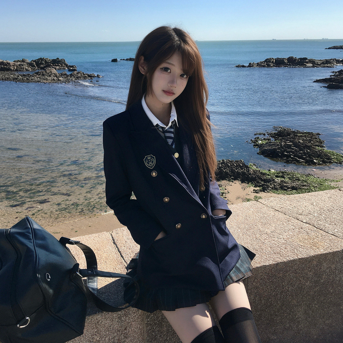 JK制服套装女学院风双排扣西装外套收腰显瘦日系校供感格裙叠穿
