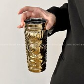 Qumin 镭射金tiki mug提基杯鸡尾酒杯狮子脸电镀杯冷饮杯玻璃酒杯