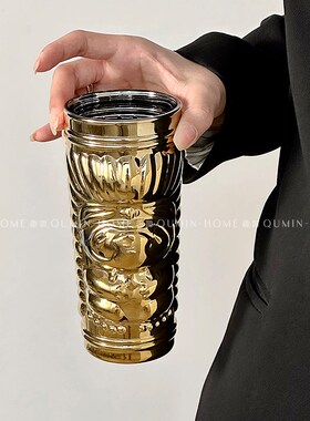 Qumin 镭射金tiki mug提基杯鸡尾酒杯狮子脸电镀杯冷饮杯玻璃酒杯