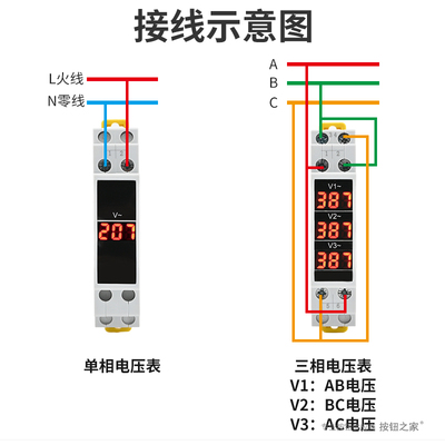 导轨安装式电压表数字单相数显BV-1R 3R交流AC80-500VAC 50/60Hz