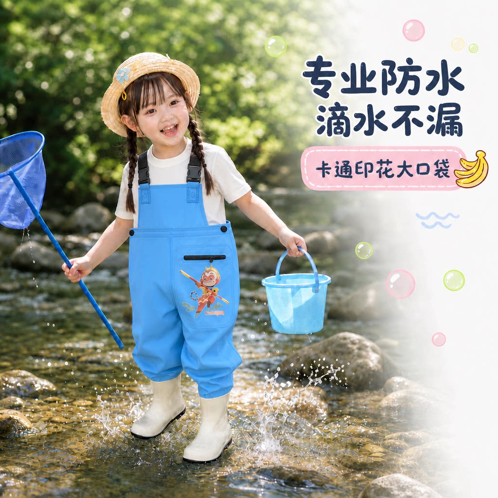 儿童防水钓鱼服背带裤卡通印花涉水裤赶海装备沙滩玩水裤