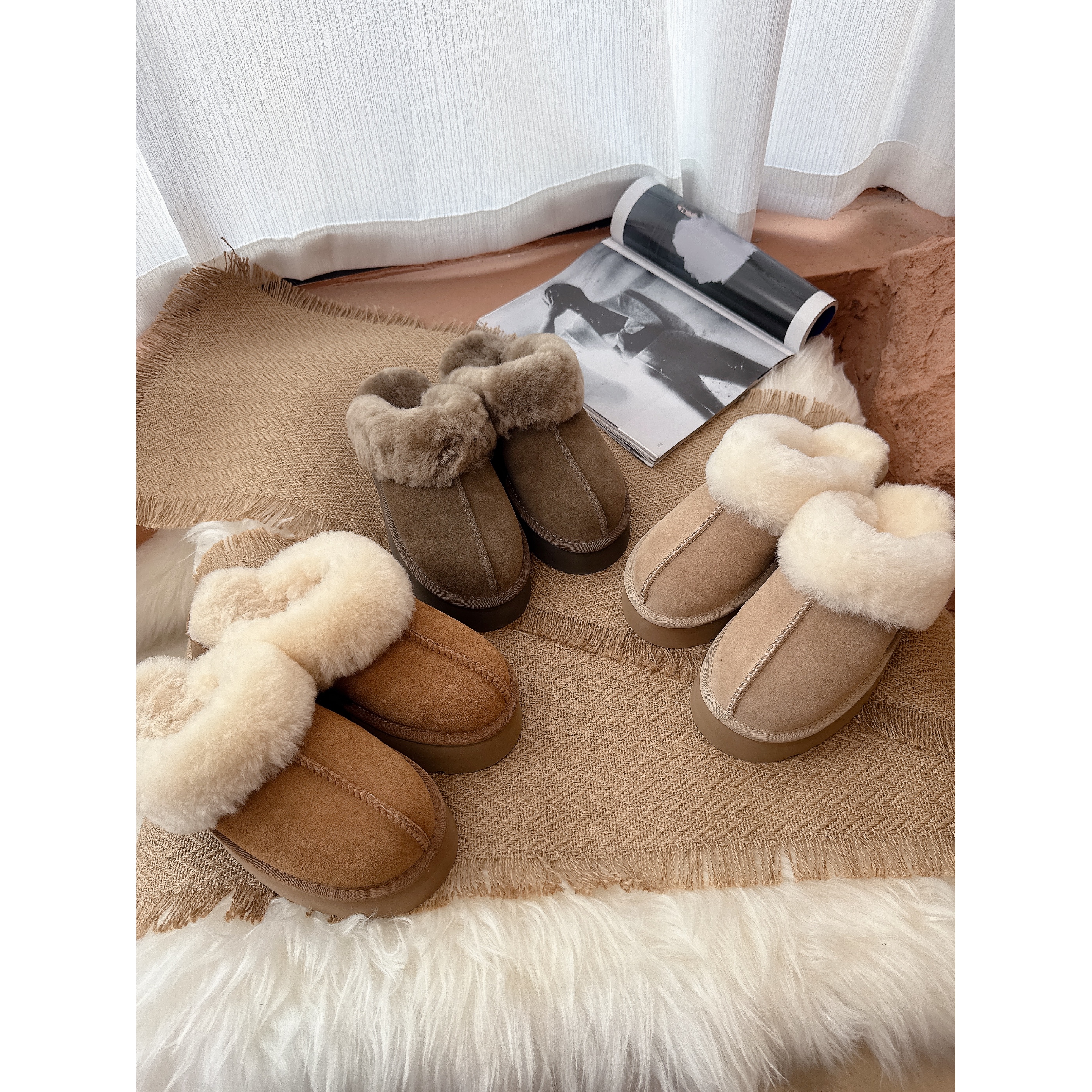 桑坡雪地靴女羊皮毛一体包头拖鞋外穿居家棉拖鞋厚底增高2025秋冬