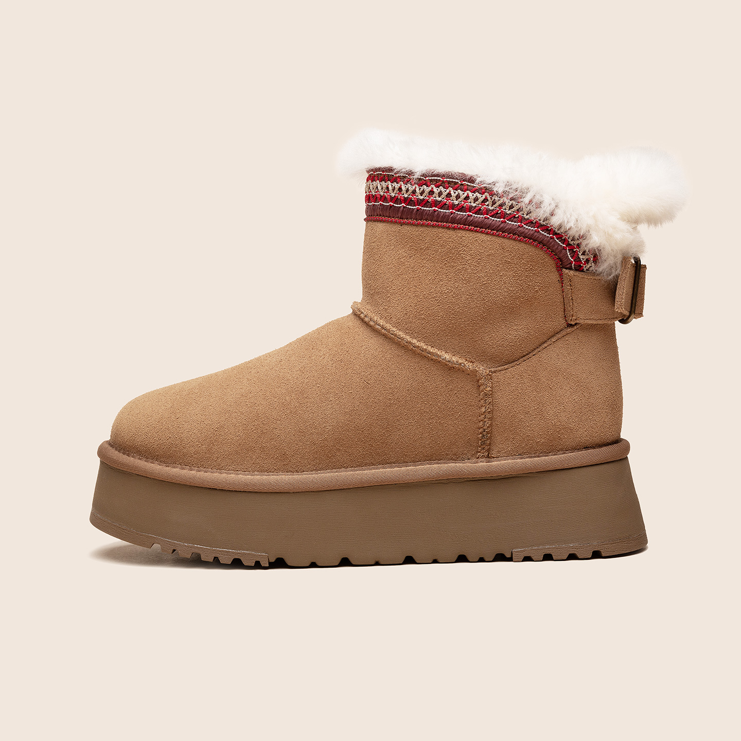 冬季新款民族风羊皮毛一体雪地靴女厚底增高防滑防水短筒棉鞋桑坡