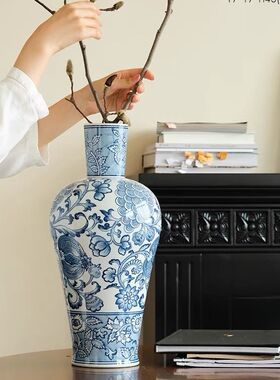 中国风青花瓷大肚花瓶新中式古典陶瓷花器家居高级感软装落地摆件