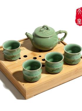 直天青窑销龙泉青瓷手工韵一壶四杯功茶具陶瓷82790旅夫行茶竹具