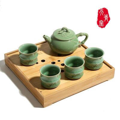 直天青窑销龙泉青瓷手工韵一壶四杯功茶具陶瓷82790旅夫行茶竹具