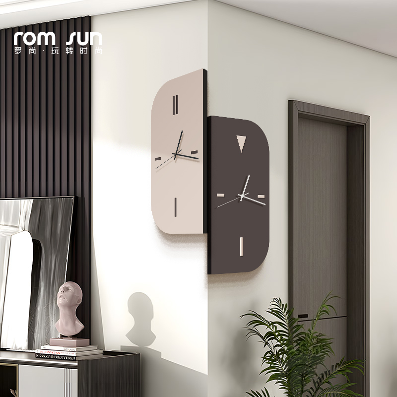现代简约客厅挂钟黑白家用挂墙双面拐角转角钟表20S24新款创意时