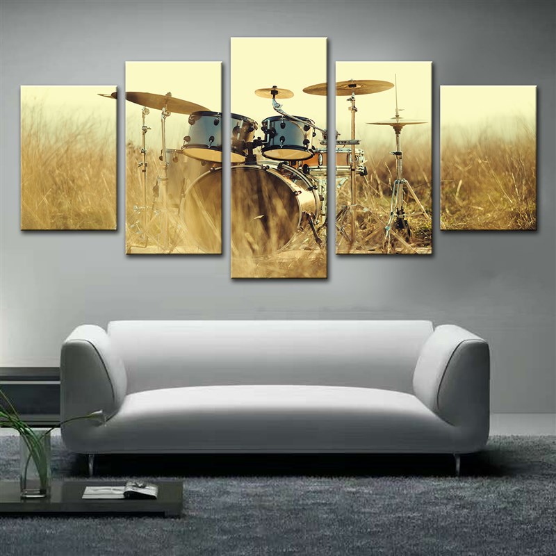 新款架子鼓装饰挂画背景客厅玄关办公O室壁画聚宝盆五联画