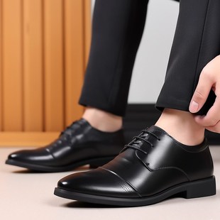 正装皮鞋男鞋军官商务透气真皮三接头系带保安上班鞋爸爸鞋内增高