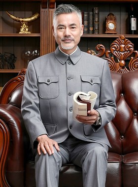 中山装男士套装中老年唐装浅灰色新中式礼服春秋爷爷装外套中山服