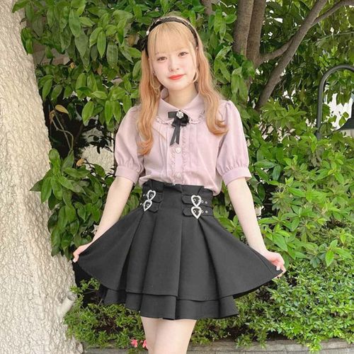 日单rojita少女半身裙心形搭扣双层喇叭可爱甜美气质显瘦高腰短裙