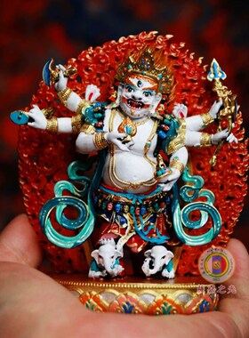 手绘藏式密宗民族风铜摆件 白祜主六臂白玛哈嘎拉财神 随身掌上佛
