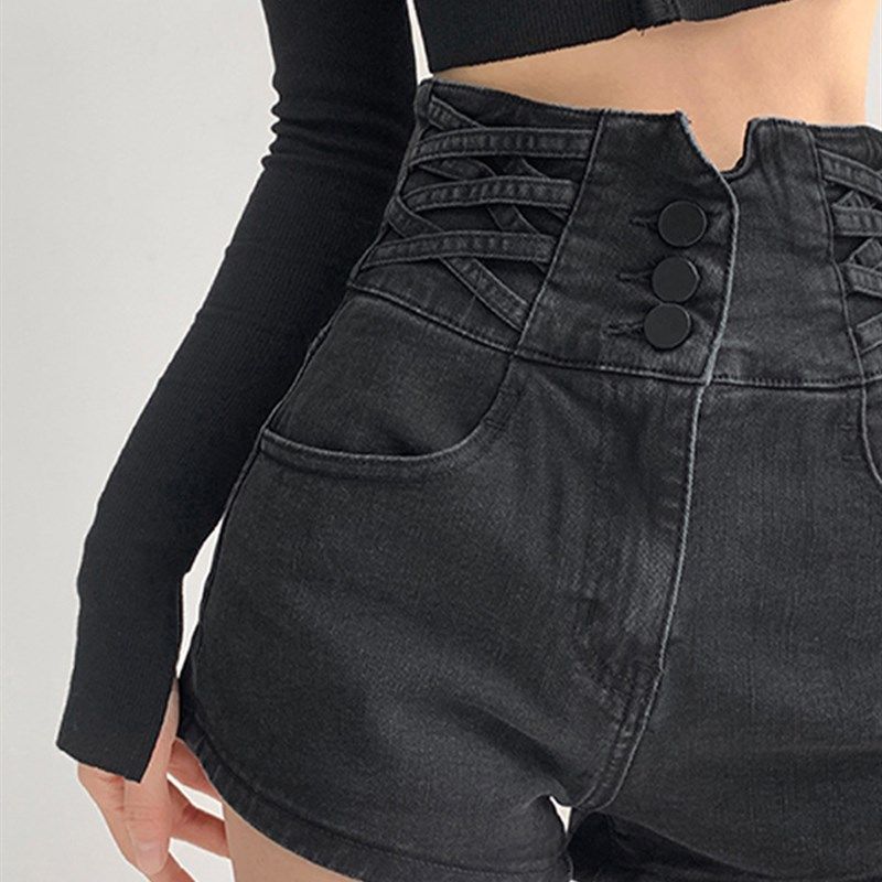 甜辣高腰软牛仔短裤女夏季薄款辣妹胖mm显瘦遮肚大码黑色a字热裤