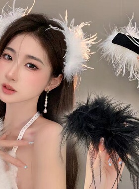 头饰发夹边夹发卡抓夹发饰羽毛少女森系超仙女甜美黑白色显发量多