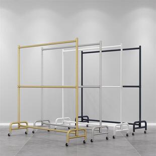 双层服装店展示架落地式挂衣架可移动带轮子可升降调节阳台晾衣架