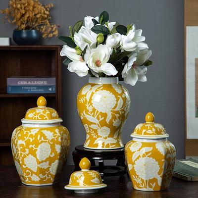 罐复古八角黄色釉陶瓷花瓶家居饰摆件家装品创意花高级ZLJ感可瓶