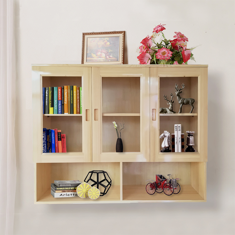 玻璃门吊柜实木书柜挂墙壁v挂式书橱推拉移门松木文件柜上翻开门