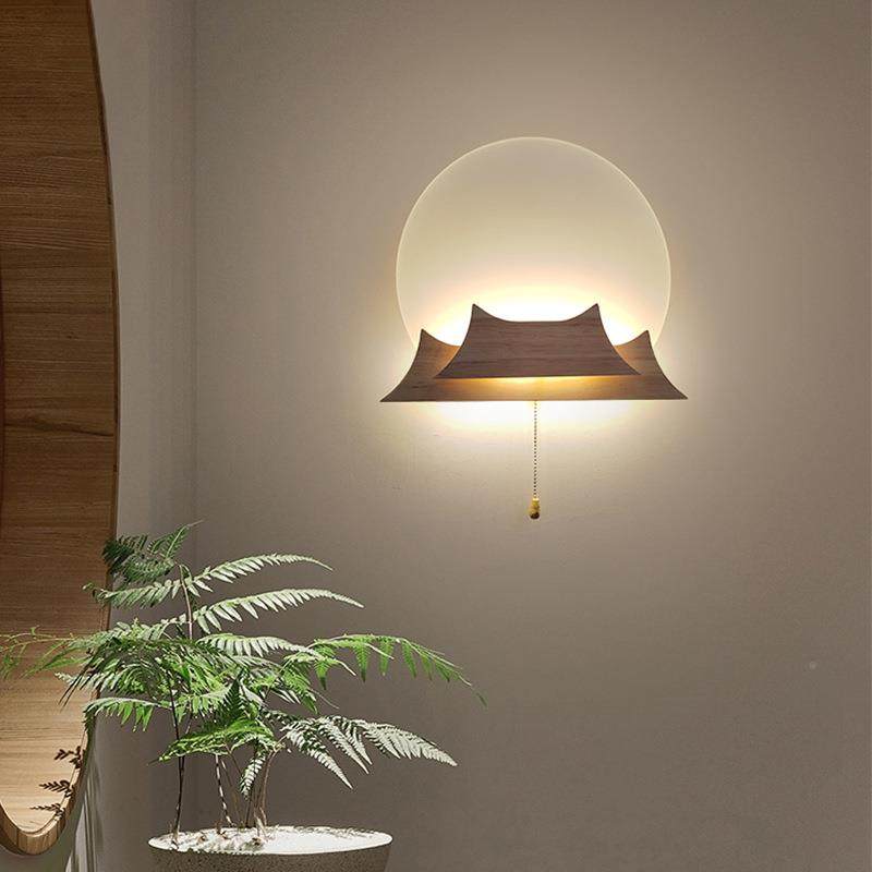 壁灯新中灯式禅意日出民宿茶室木背实景墙日式桃木艺卧87938室床