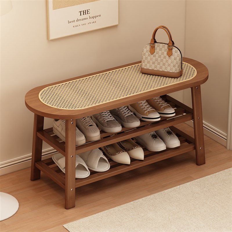 实木藤编换鞋凳挂衣架一体家用门B口可坐鞋柜穿鞋凳子入户门衣帽