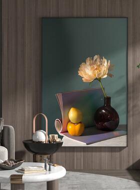 复古S-1302轻奢客厅竖玄关装饰画色静物花朵绿背景壁画版现代墙简
