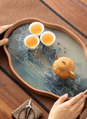 225新款山水玻璃茶家盘海棠托盘NLC竹制干泡盘用0茶具配件收年纳