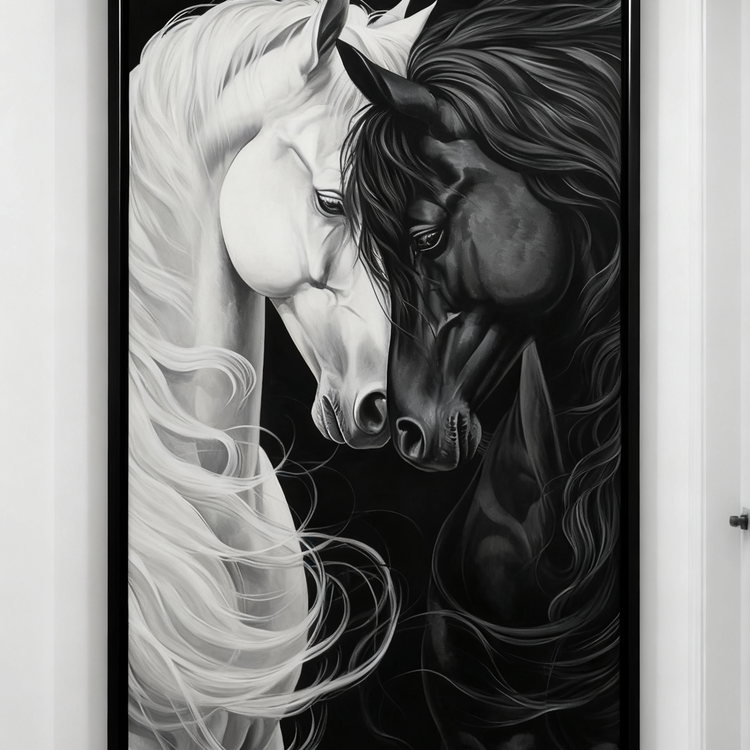 黑白马装饰画黑白灰玄关画走廊过道挂画马到成功壁画客厅沙发背景图片