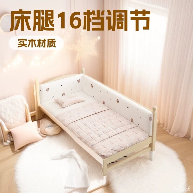 儿童床拼接床可调节高度拼接大床加宽床实木婴儿床带护栏小床