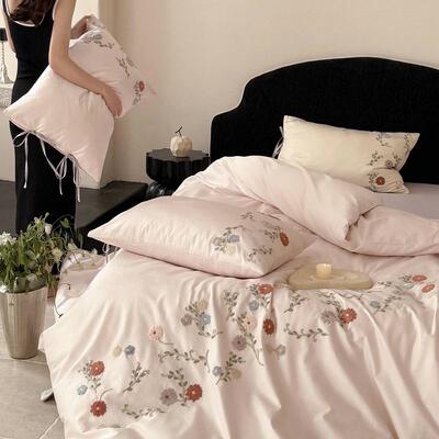 A类60长000000绒支棉全棉纯色刺绣四件套春床笠上用夏品加大床活