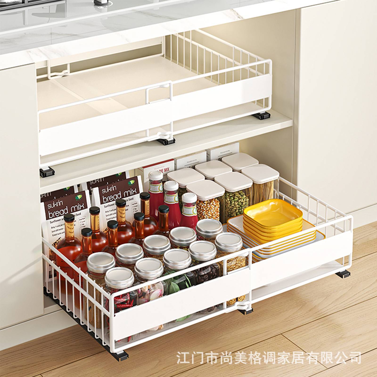 可伸缩拉篮厨房橱柜内抽屉式调料餐具收纳架储物筐衣柜抽拉置物架