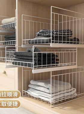 衣柜收纳分层屉式隔板置物抽架柜子内改造衣DFE免打橱孔衣拉服篮