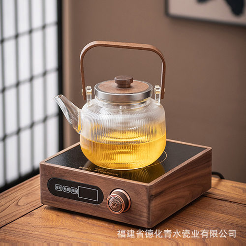 胡桃木电陶炉家用室内加厚玻璃耐高温煮茶壶煮茶器围炉煮茶提梁壶