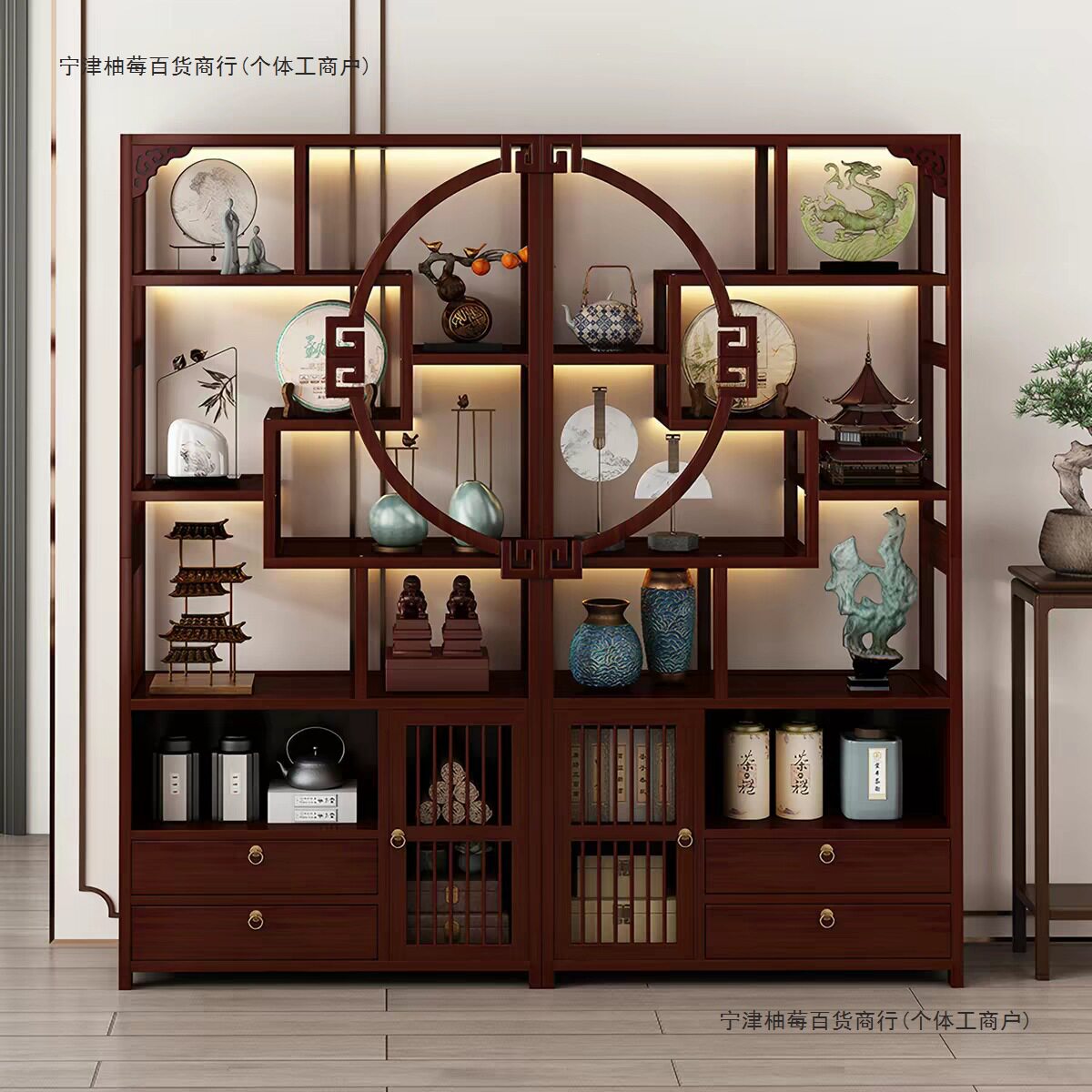 博古架实木中式落地隔断茶室茶具摆件收纳架子办公室柜子展示柜子