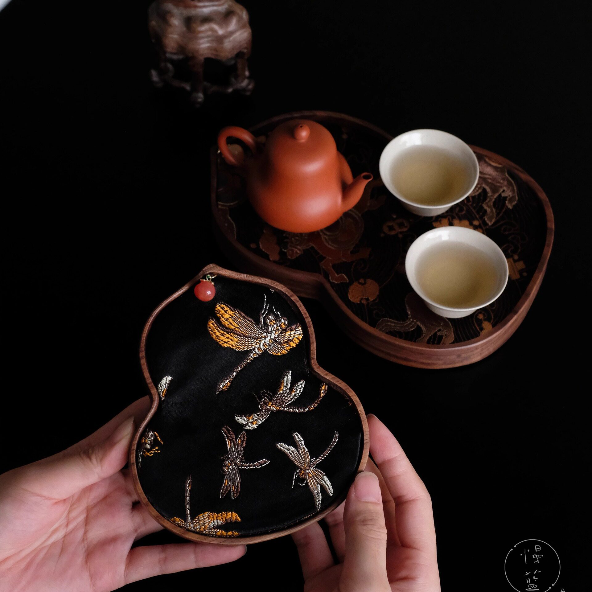 慢蓝棉麻葫芦茶席垫 北美胡桃木茶盘双面织锦 中式手工茶席干泡台