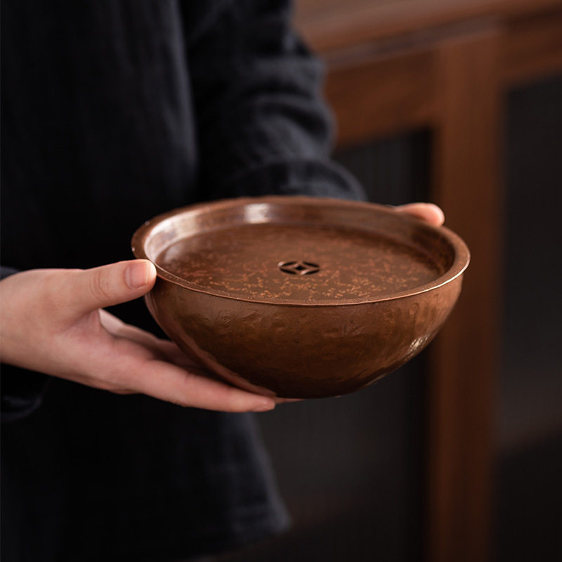 紫铜圆形干泡小托盘手工老锡壶承储水小茶台建水家用蓄水茶壶托盘