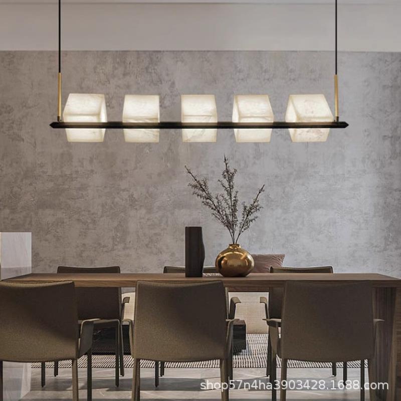 全铜餐厅云石吊灯设计师现代新中式简约长方形吧台茶桌书房茶室灯