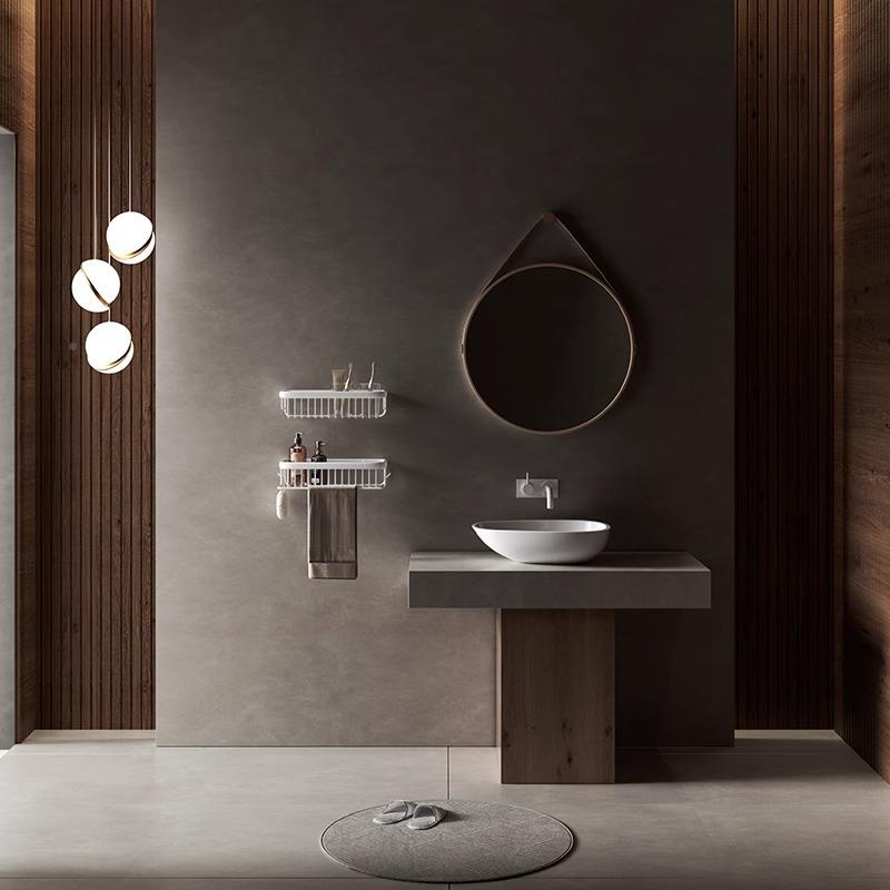 全铜奶油风白免打孔浴置巾物色481架卫生间浴室室收纳架镜前毛杆