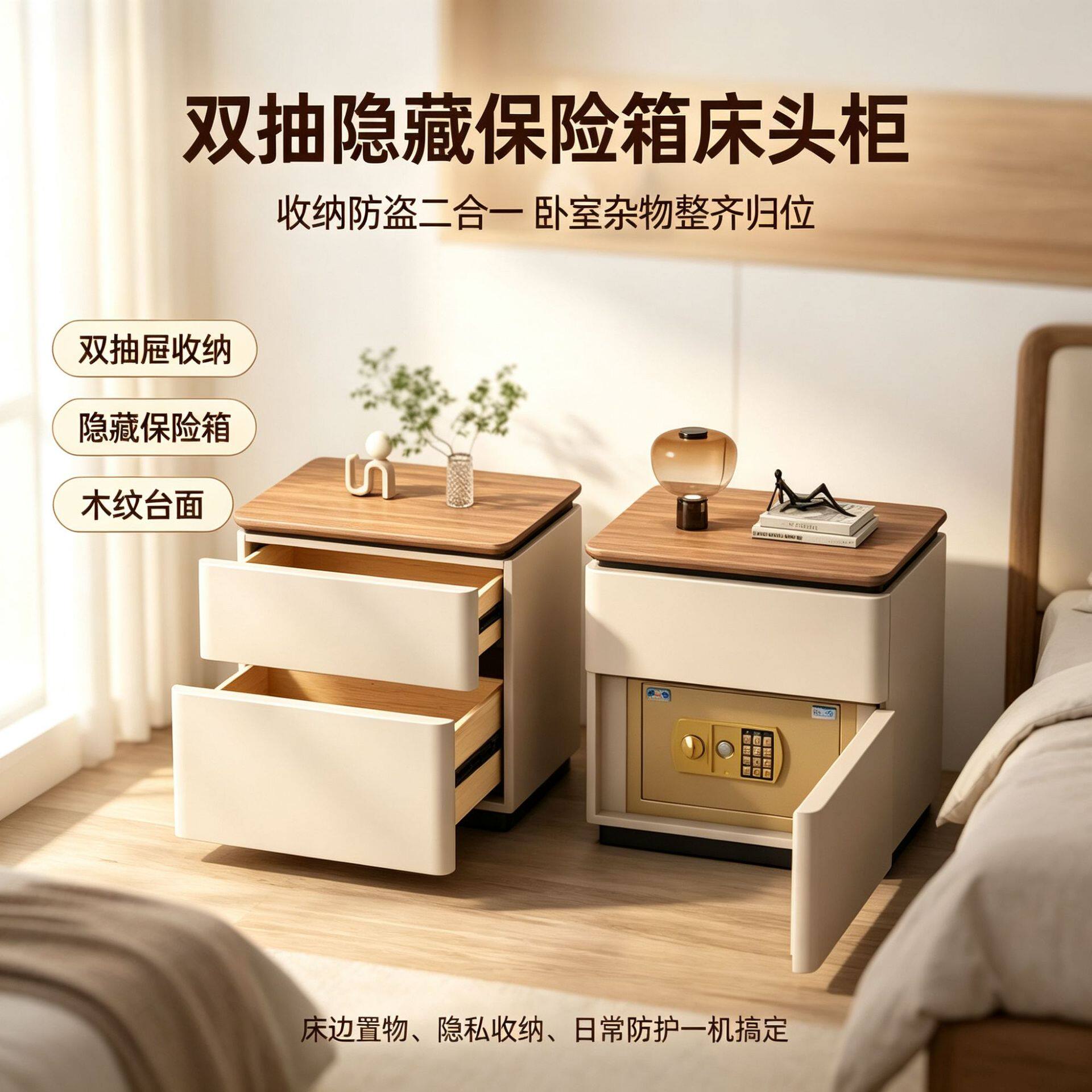 现代简约带保险箱床头柜家用双层实木抽屉卧室防盗收纳床边柜工厂