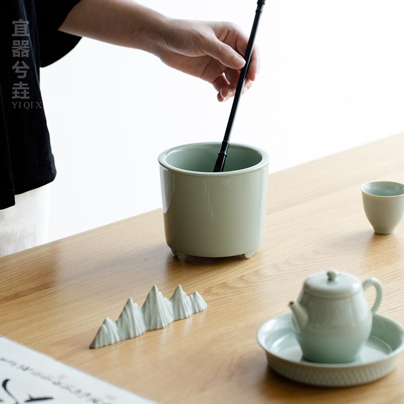 宋水青三足茶杠大号毛笔宋青-三洗陶瓷装复古水盂渣墨汁茶洗建茶