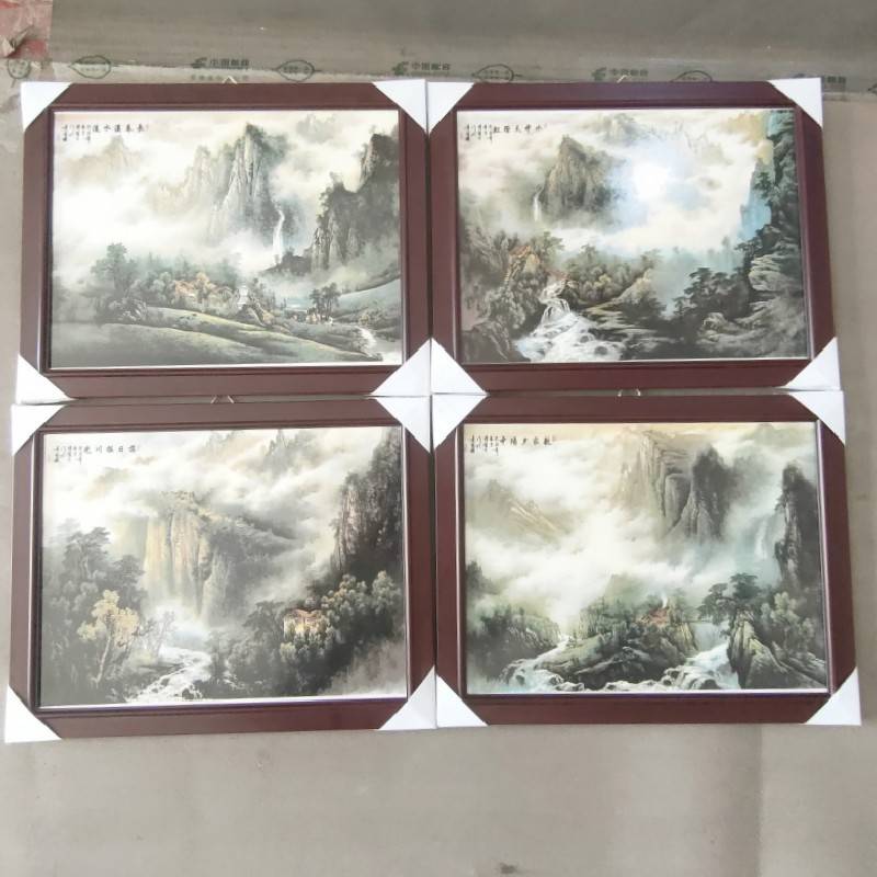 新款中式装饰陶瓷瓷板画 家居有框沙发背景山水花鸟四件套墙壁画