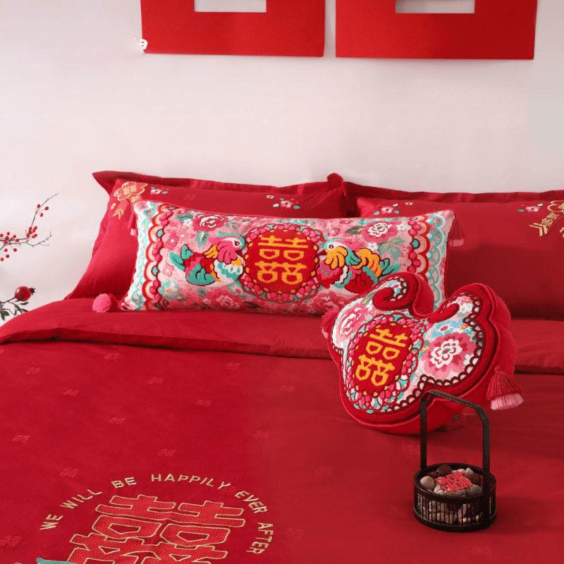 抱枕长条喜字床头鸳鸯红色靠背结婚靠枕中式囍婚房事