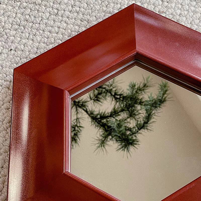 装饰挂画红色六角中古镜法式客厅装饰画轻奢卧室梳妆台镜子挂画