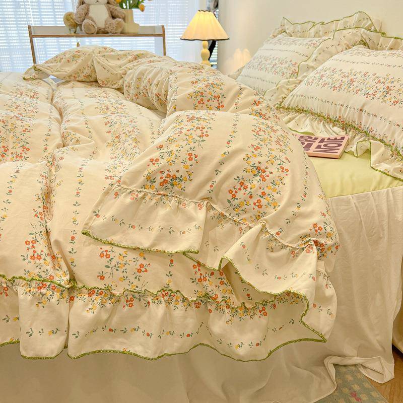 仙女款~A类法式公主风水洗棉床裙四件套小清新1.8m被套宿舍三件套