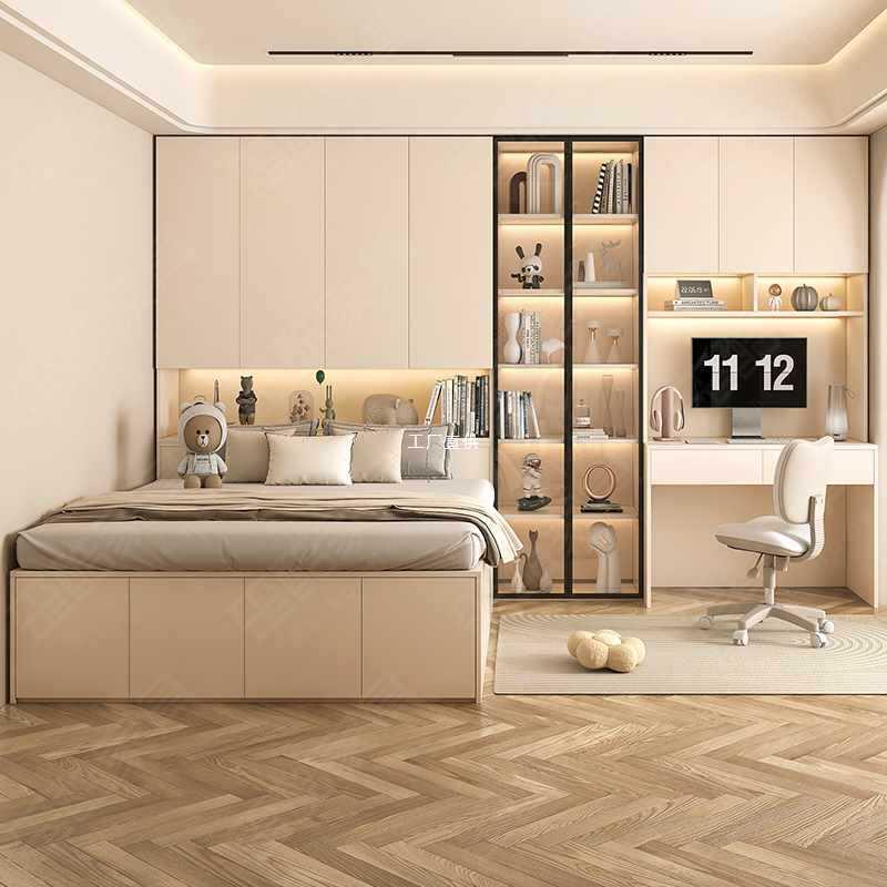榻榻米床柜一体小户型储物床省空间儿童床带书桌轻奢玻璃门衣柜床