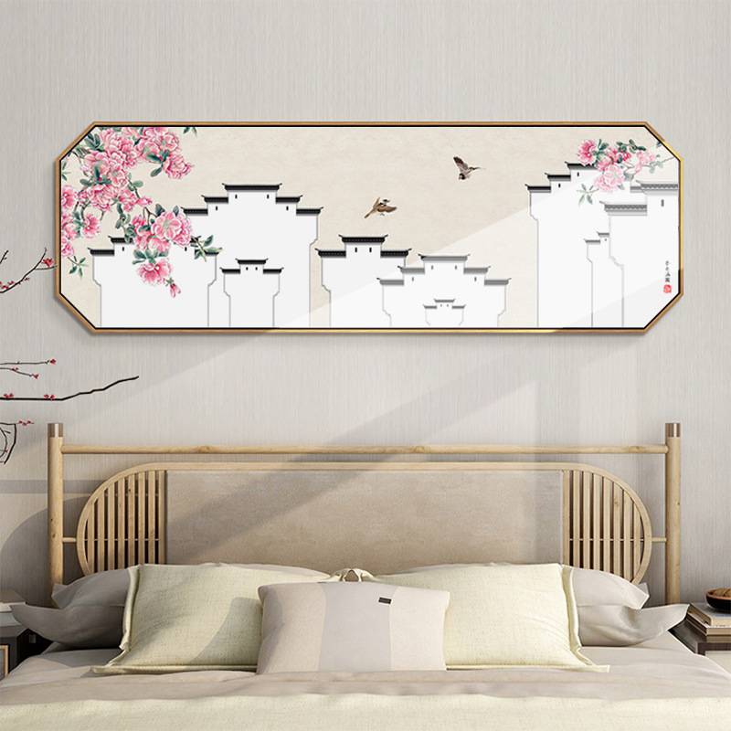 徽派建筑新中式客厅装饰画茶室沙发背景花鸟挂画卧室床头横版墙画