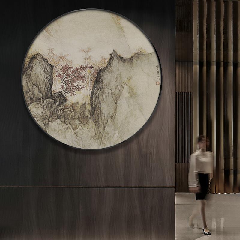 四季山水新中式入户玄关圆形装饰画水墨山水酒店软装挂画茶室画