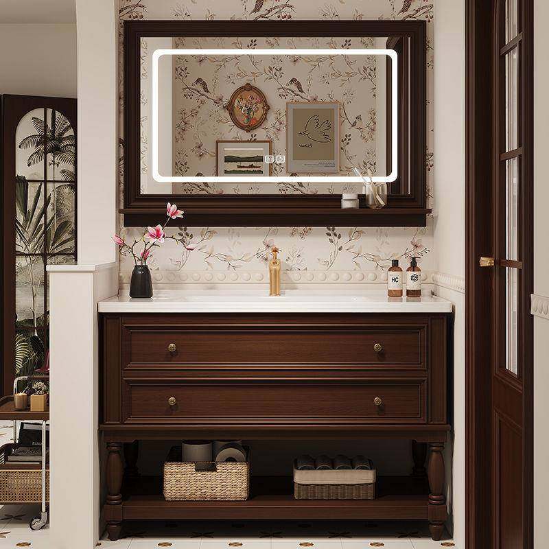 美式橡木浴室柜组合法式卫生间陶瓷一体洗漱台洗手脸盆落地式